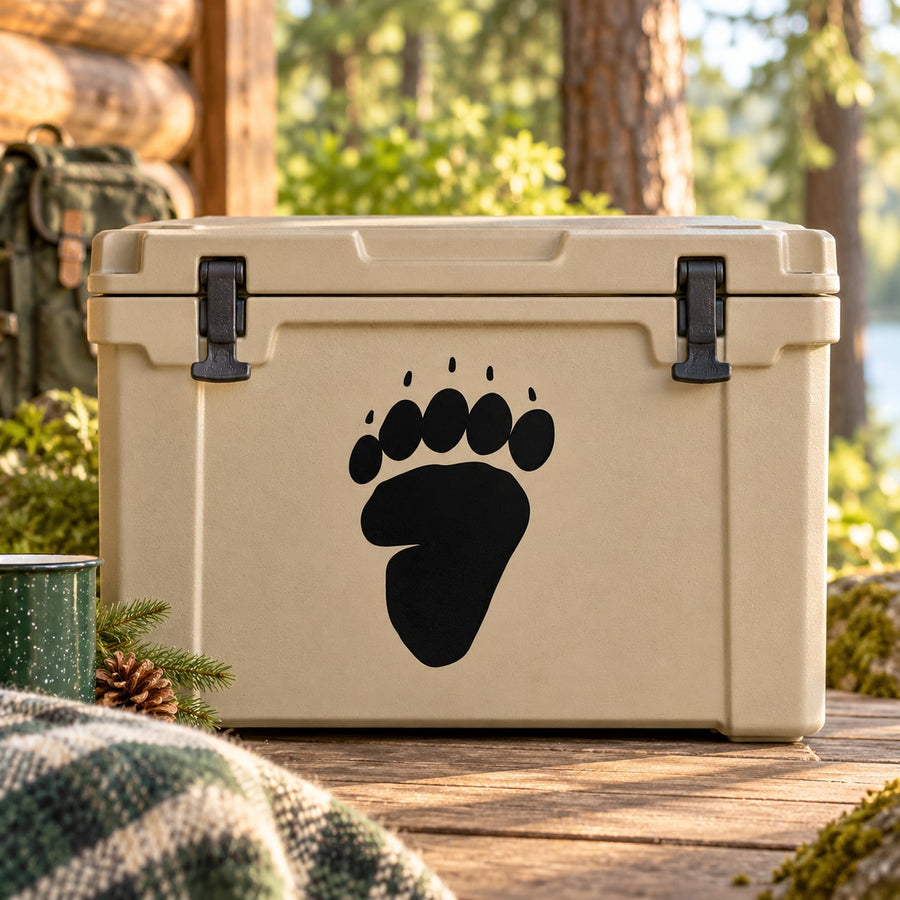 Bear paw track decal with black paw print on a light-colored cooler