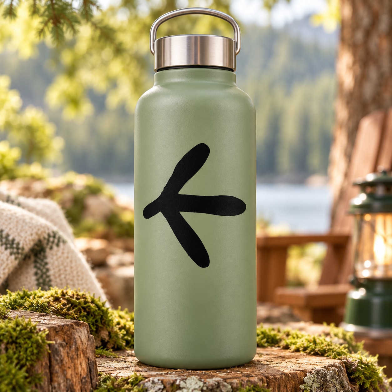Green water bottle with black track decal character