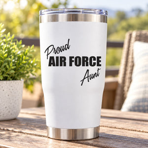 Proud Air Force Aunt vinyl decal, script text on white surface