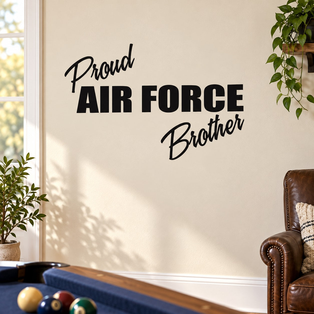 Vinyl wall decal with “Proud Air Force Brother” script lettering in black