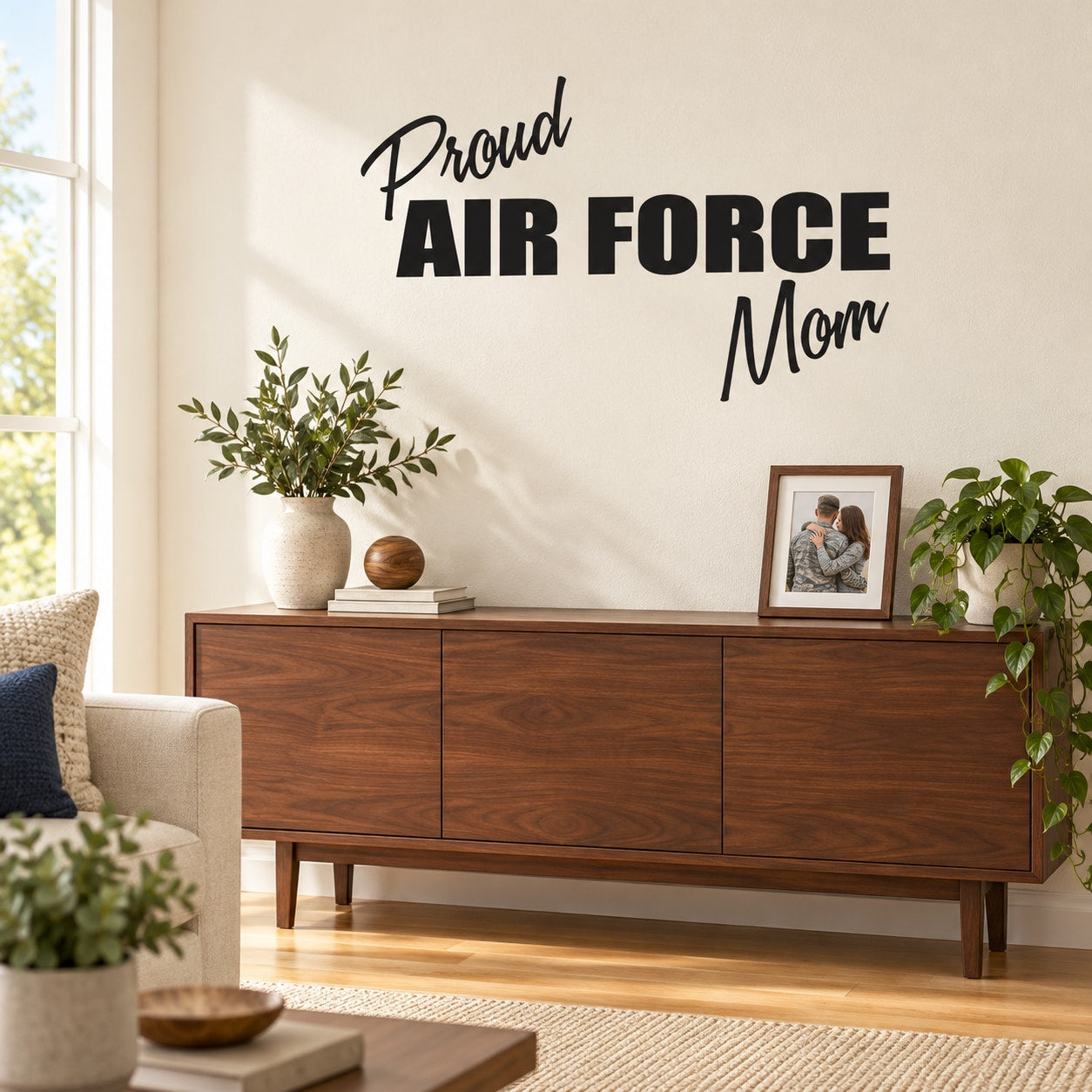 Air Force mom script decal with “Proud” and “AIR FORCE” lettering in black