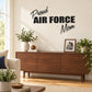 Air Force mom script decal with “Proud” and “AIR FORCE” lettering in black