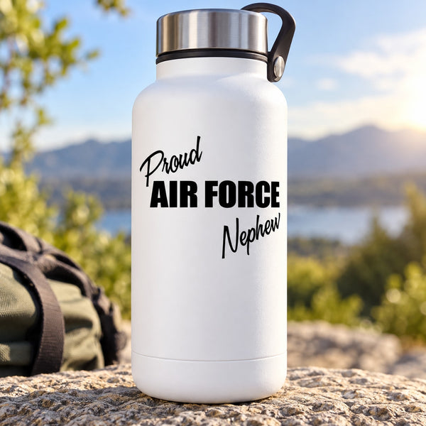 White water bottle with Proud Air Force Nephew script decal