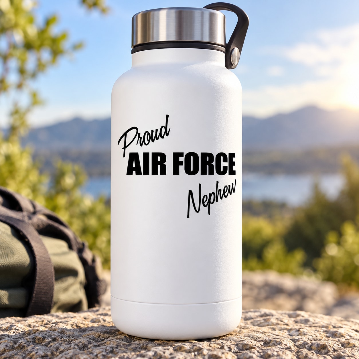 White water bottle with Proud Air Force Nephew script decal