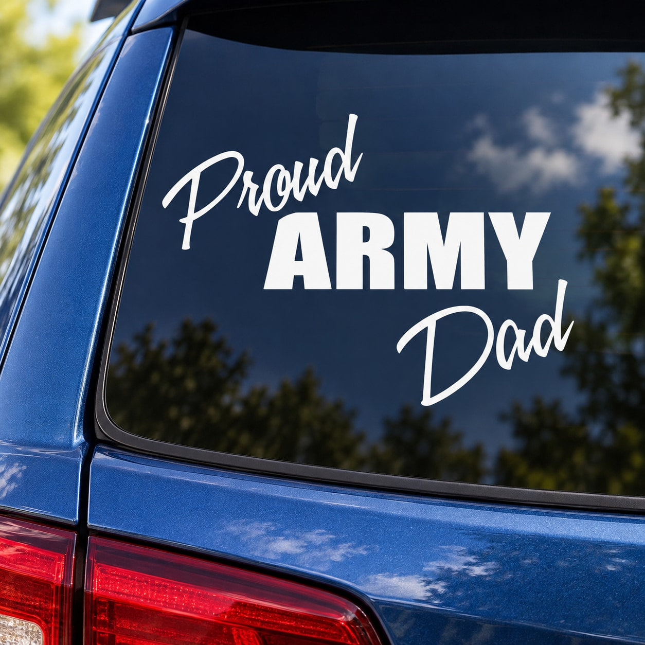 White Proud Army Dad decal with script and block lettering
