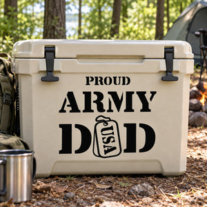 Army dad decal reading 'PROUD ARMY DAD' with dog tag icon