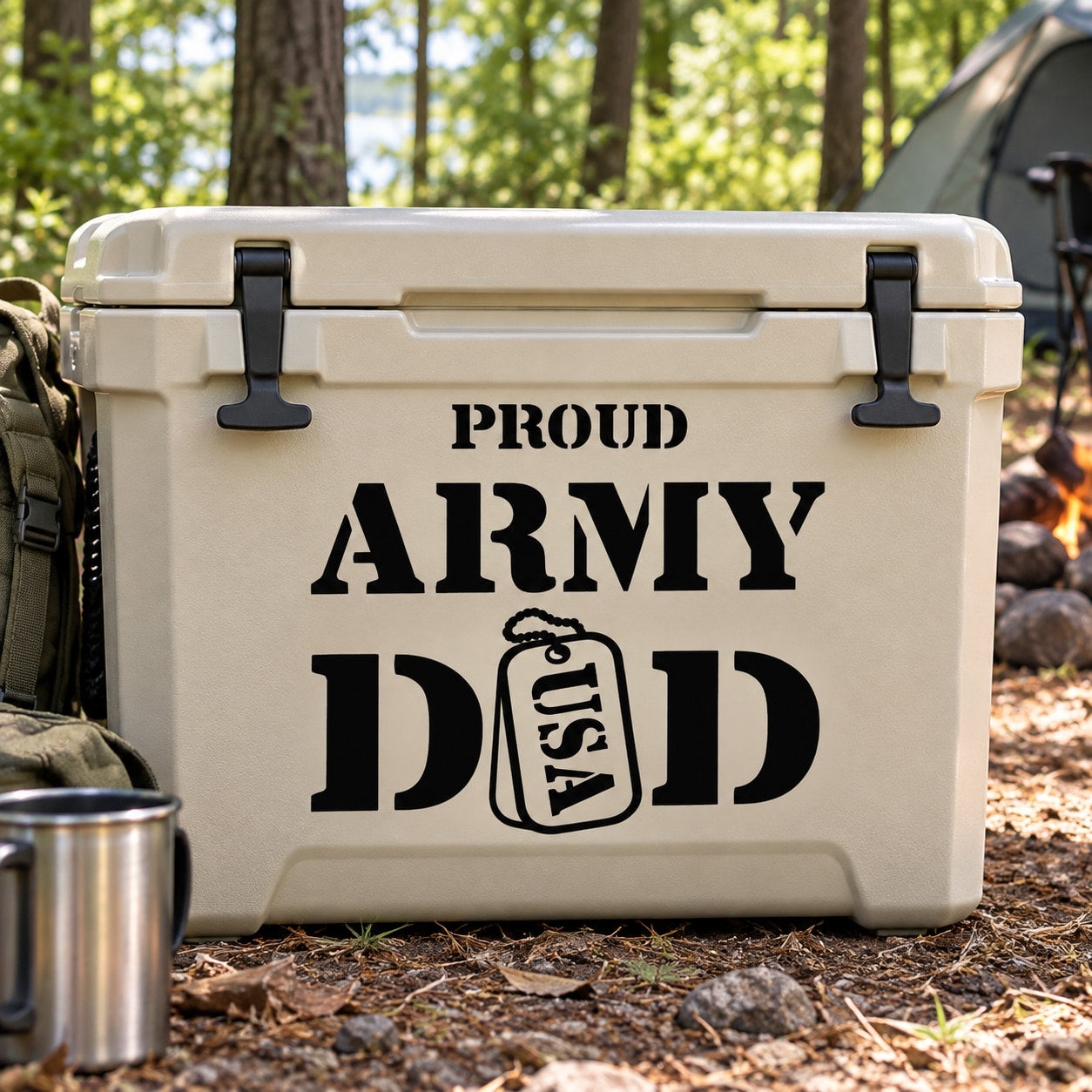 Army dad decal reading 'PROUD ARMY DAD' with dog tag icon
