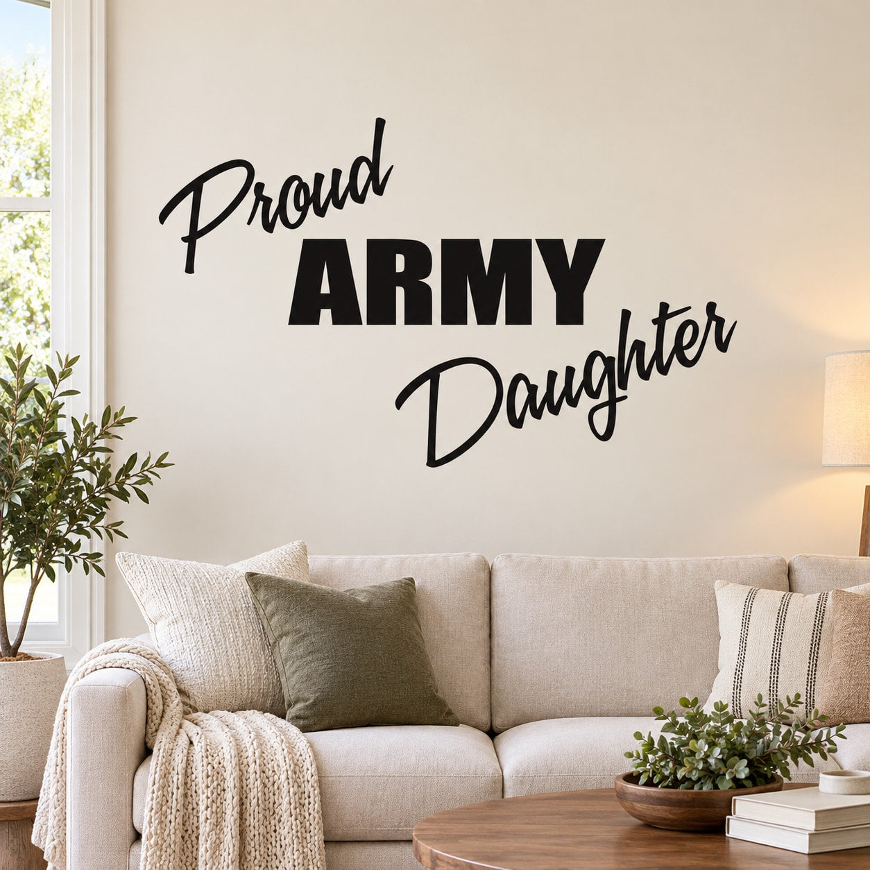 Proud Army Daughter wall decal with bold black lettering and script accents
