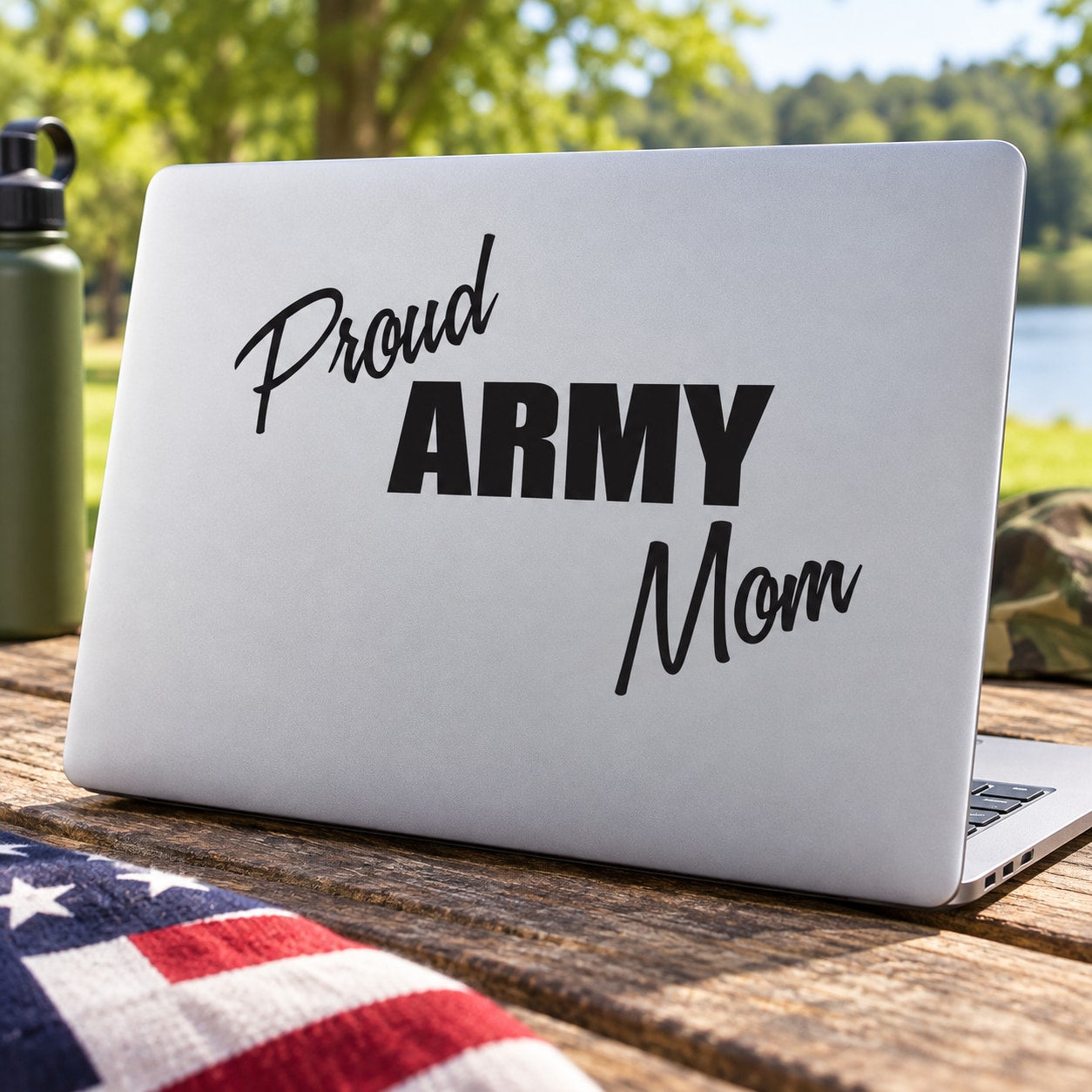 Proud Army Mom vinyl block decal with bold ARMY and script lettering
