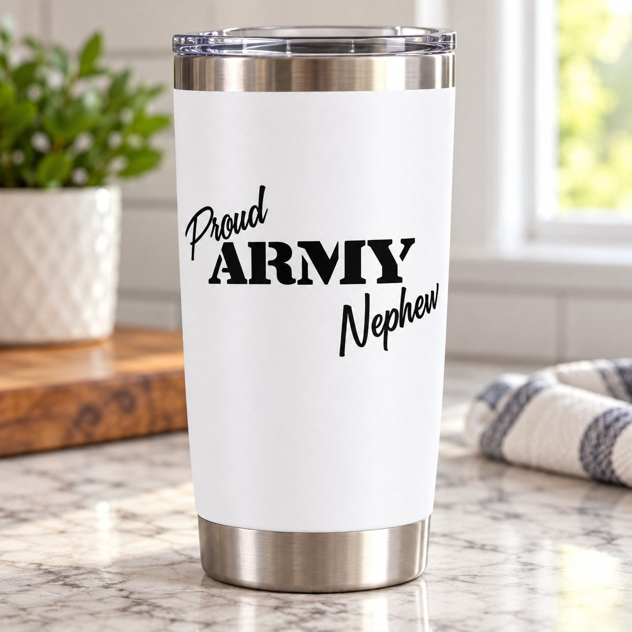 Proud Army Nephew decal on white tumbler with black Proud ARMY Nephew text