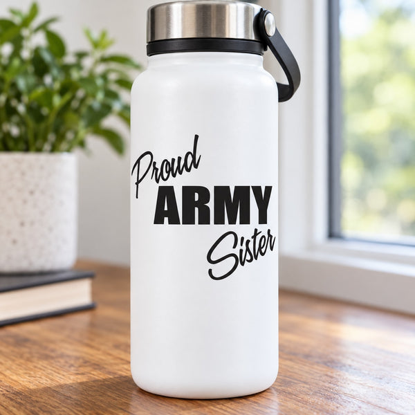 Vinyl decal with “Proud ARMY Sister” black lettering on a white background