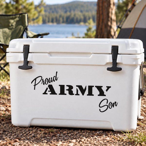 White cooler with “Proud Army Son” decal, featuring sword and bold Army text