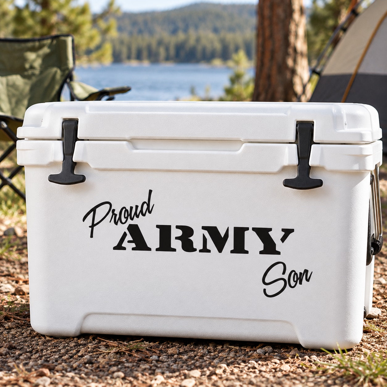 White cooler with “Proud Army Son” decal, featuring sword and bold Army text