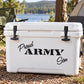 White cooler with “Proud Army Son” decal, featuring sword and bold Army text