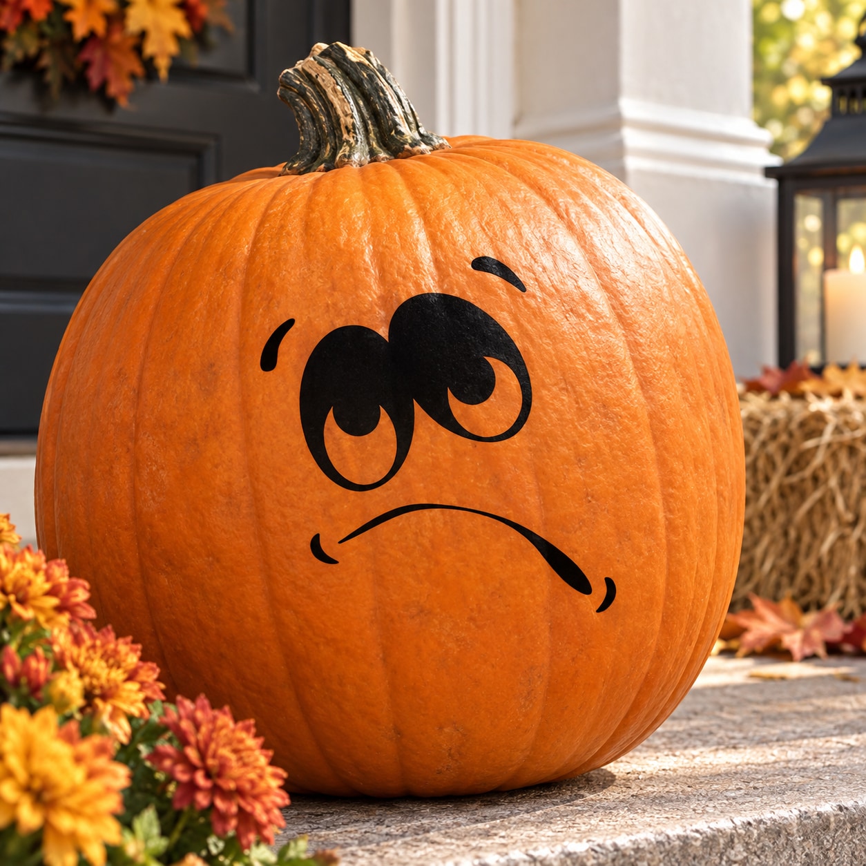 Orange pumpkin face decal with tired, downturned mouth and droopy eyes