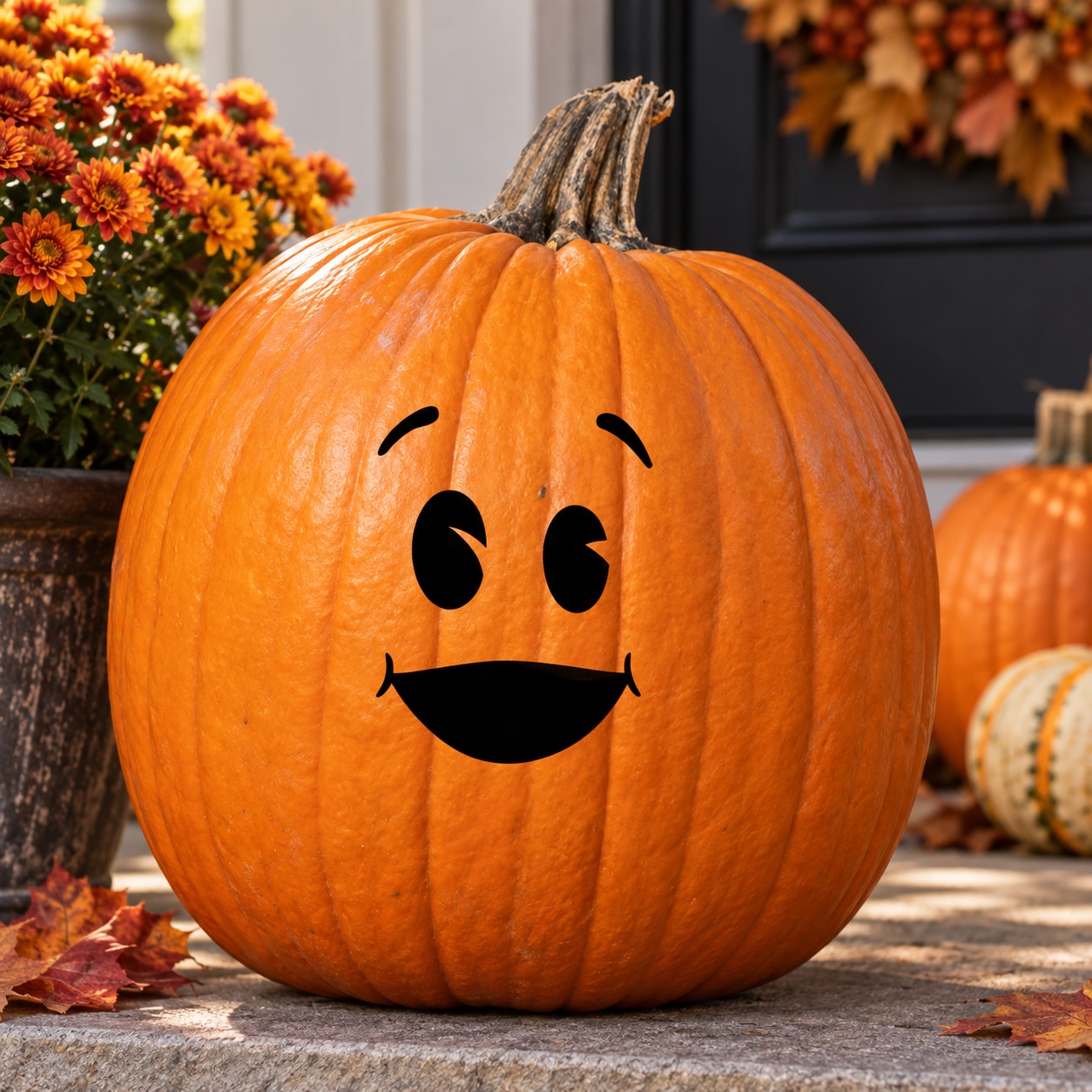 Orange pumpkin-shaped decal with a cute smiling face and carved-style features
