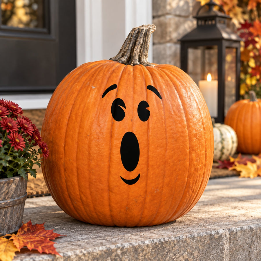 Pumpkin face decal with a smiling jack-o-lantern design on a carved orange pumpkin