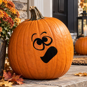 Orange pumpkin with black falling expression face decal, Halloween outdoor decoration