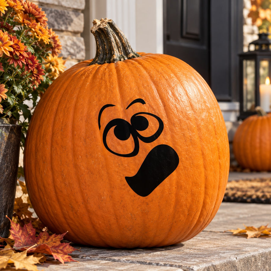 Orange pumpkin with black falling expression face decal, Halloween outdoor decoration