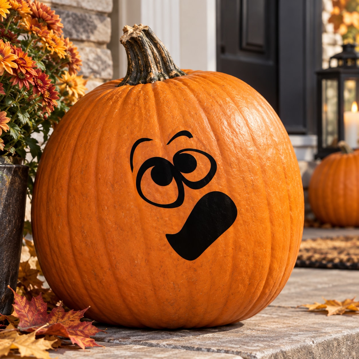 Orange pumpkin with black falling expression face decal, Halloween outdoor decoration