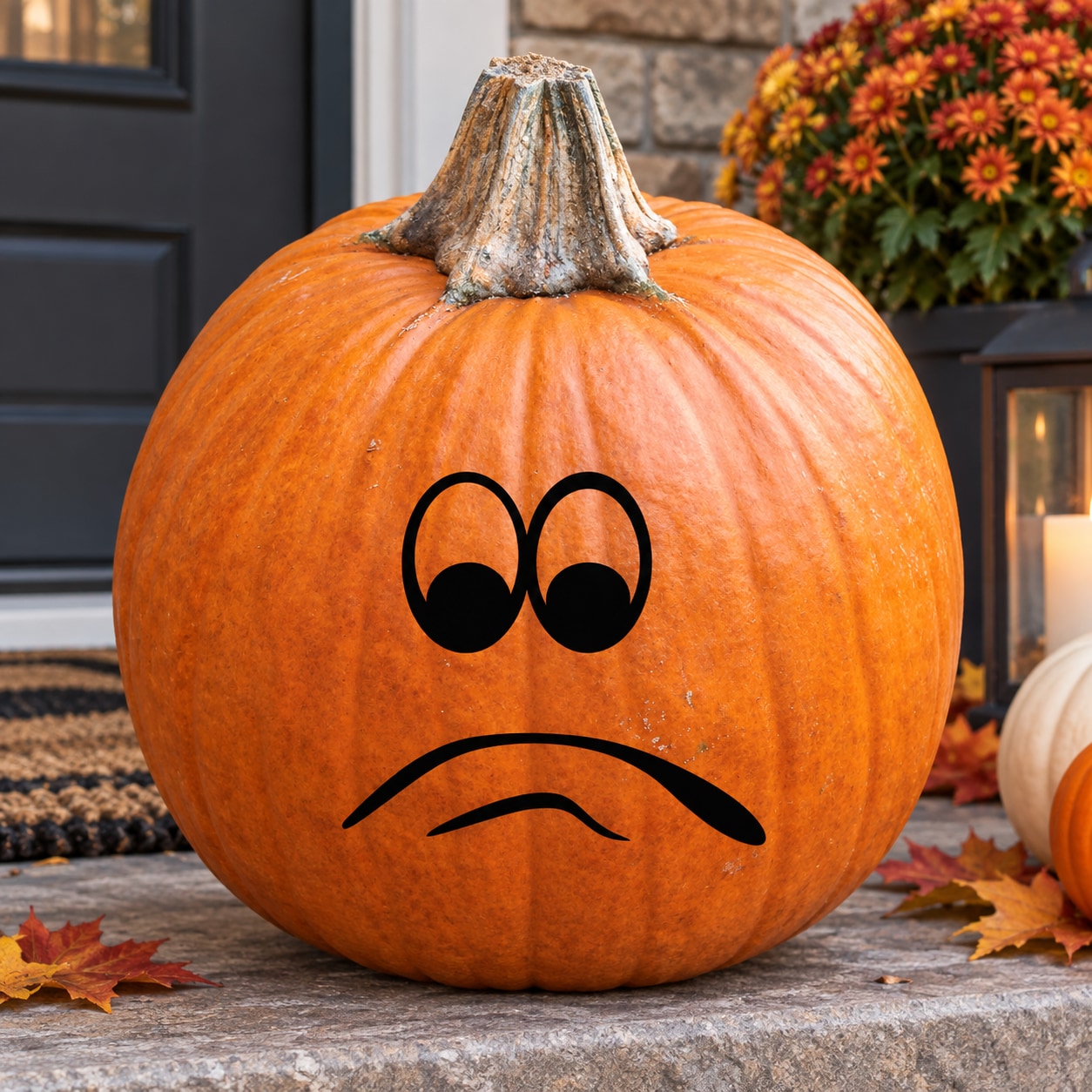 Orange pumpkin with black sad face decal: round eyes and curved frown mouth