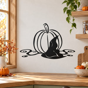 Black witch hat and pumpkin silhouette wall decal with swirling accents