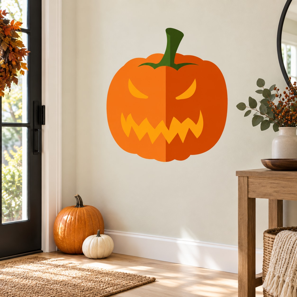 Orange jack-o-lantern face sticker with carved eyes and jagged grin, green stem