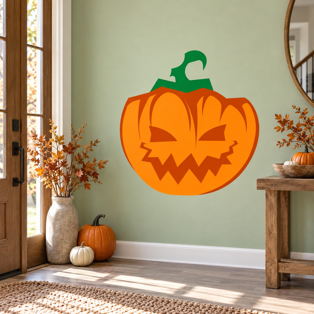 Evil jack-o-lantern pumpkin sticker with green stem and carved grin, orange and black
