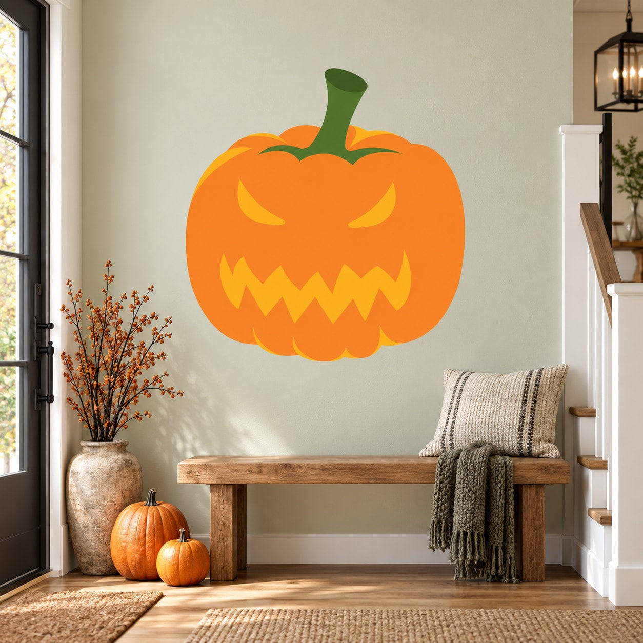 Scary jack-o-lantern shadow wall sticker: orange pumpkin with green stem