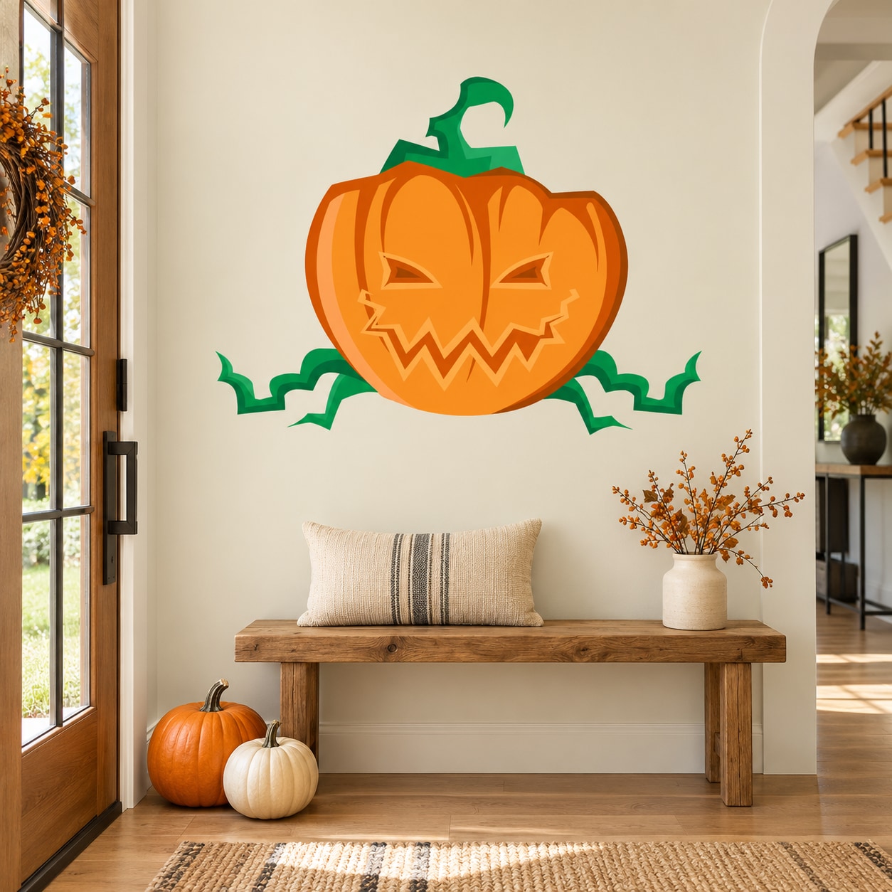 Halloween jack-o-lantern with green vines printed die-cut wall decal