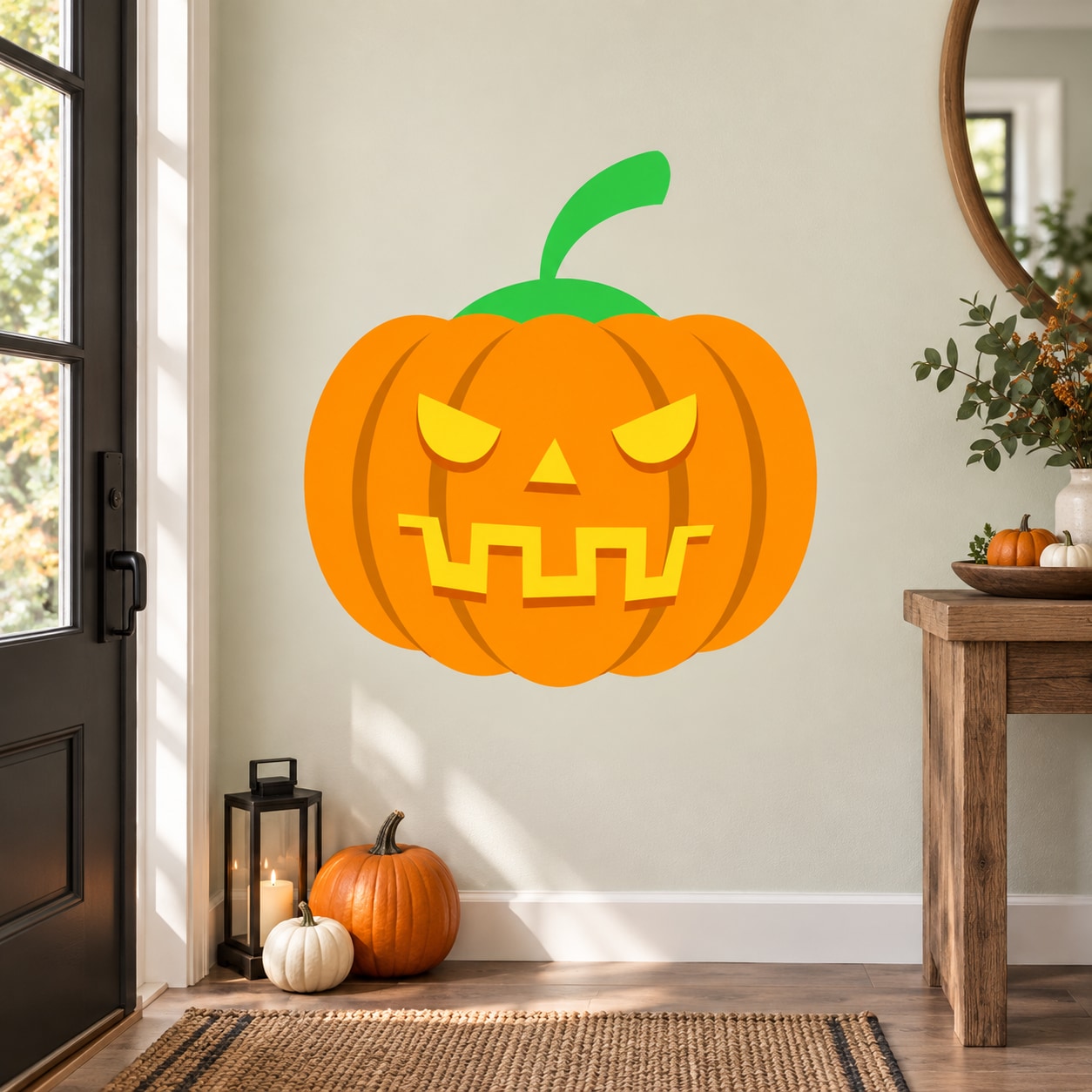 Orange jack-o-lantern pumpkin sticker with green stem and brooding glowing face