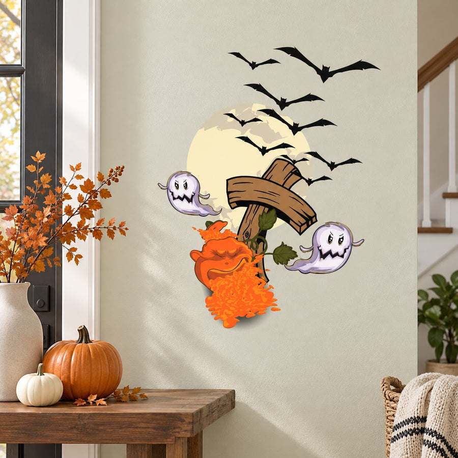 Printed die-cut decal with cartoon pumpkin, flying bats, and three smiling ghosts