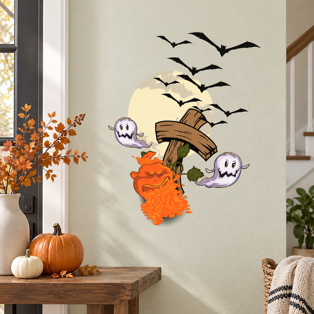 Printed die-cut decal with cartoon pumpkin, flying bats, and three smiling ghosts