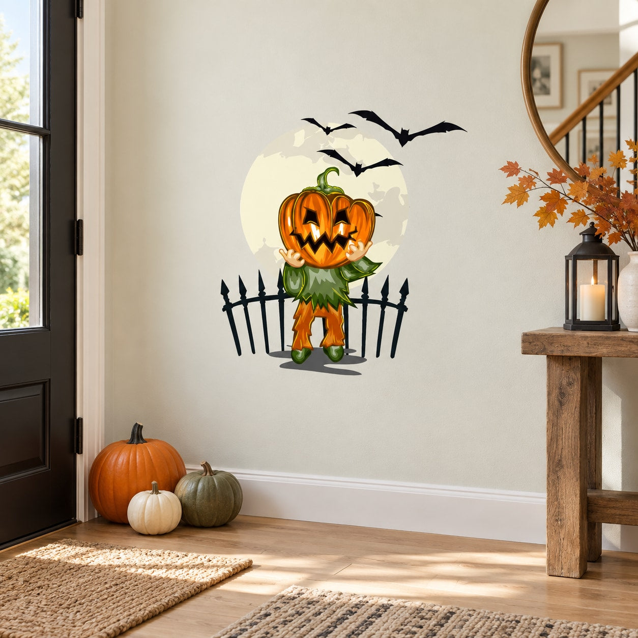Jack-o-Lantern monster printed die-cut wall decal with glowing pumpkin head, bats, and fence