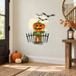 Jack-o-Lantern monster printed die-cut wall decal with glowing pumpkin head, bats, and fence