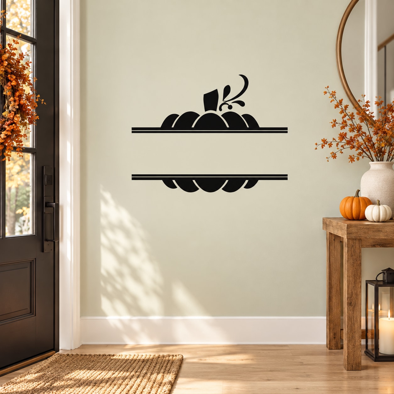 Black pumpkin split accent wall decal with stripes and stem graphic