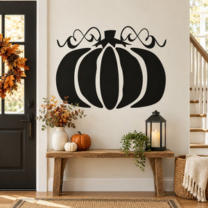 Black and white vine pumpkin wall decal with curly vines and small orange leaves