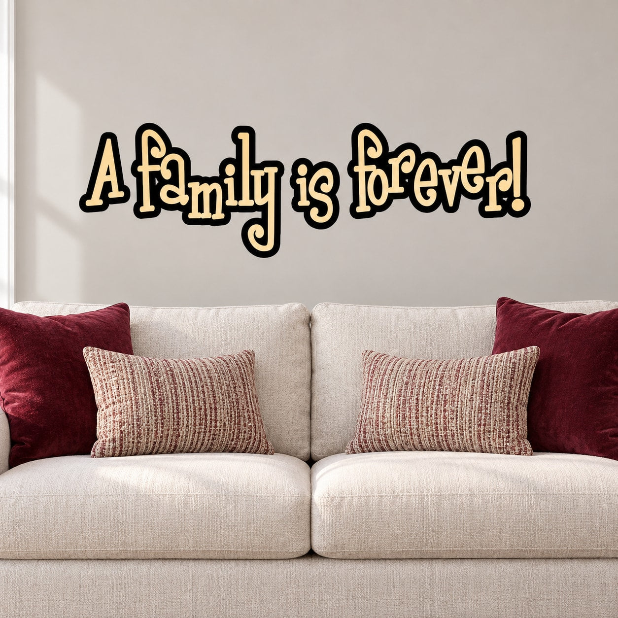 Outlined wall decal with 'A Family is forever!' in black and gold script