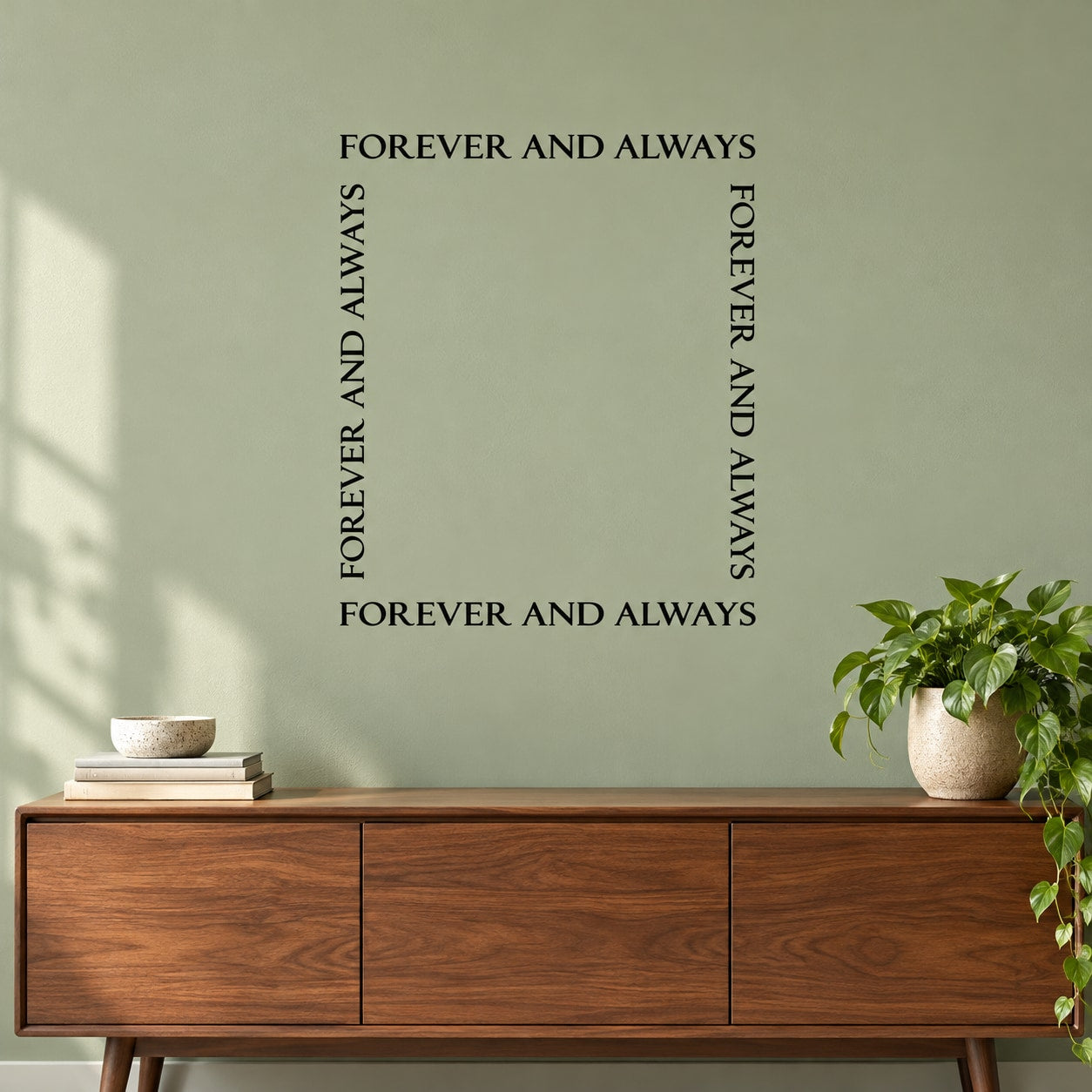Forever and always wall decal with centered quote and vertical mirrored text