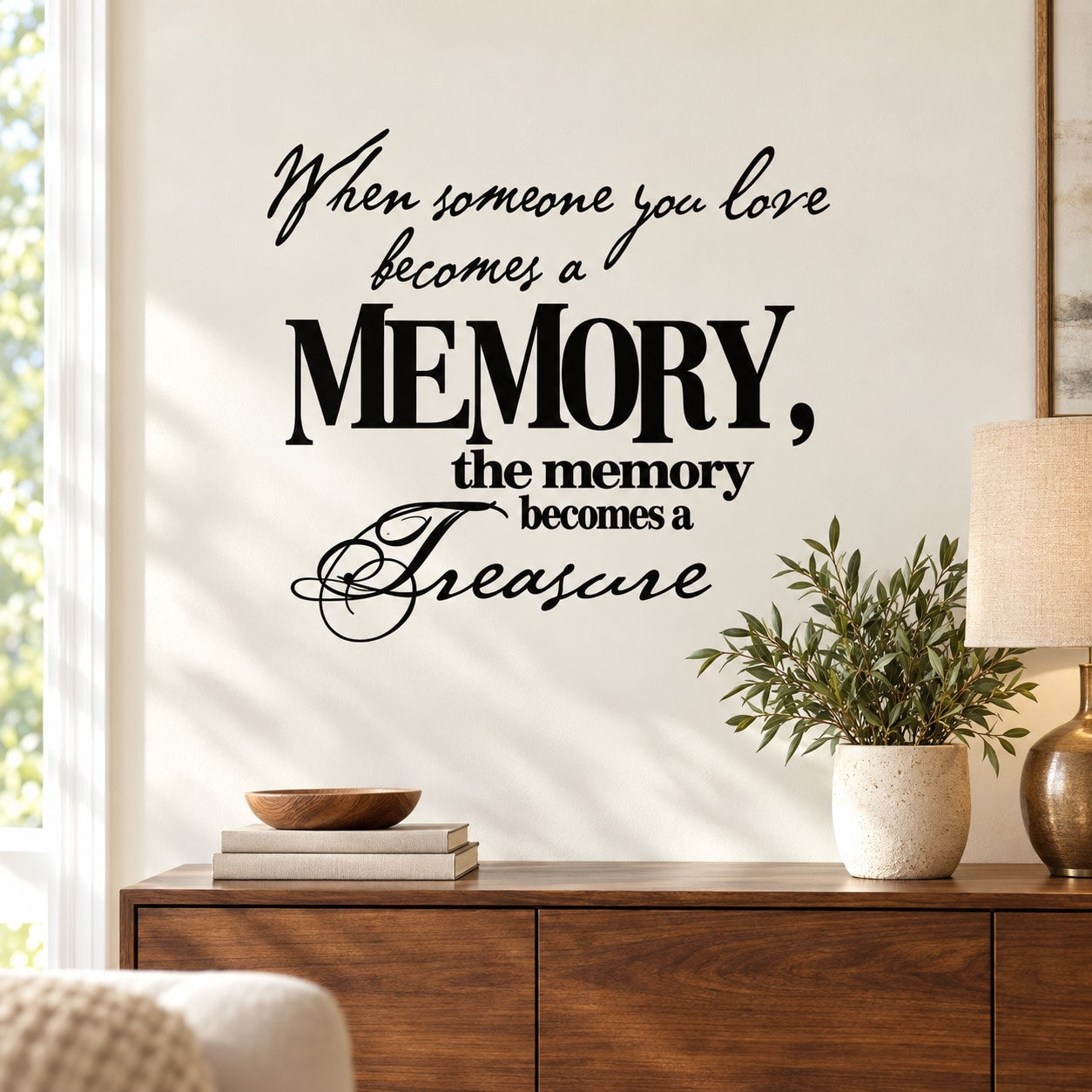 Black memorial quote wall decal: "Memory, the memory becomes a treasure"