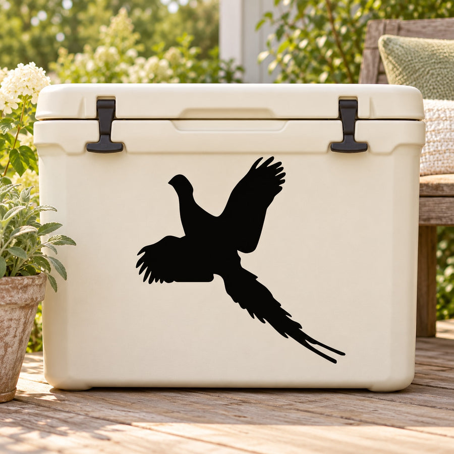 Flying quail decal, black bird silhouette on white cooler