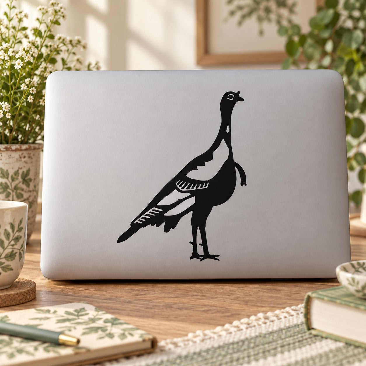 Alert quail vinyl decal, black quail illustration on a light surface
