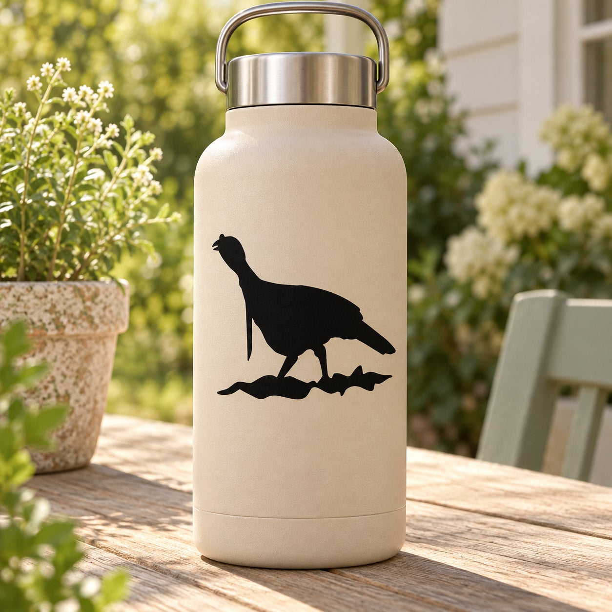 Black quail silhouette decal on beige bottle