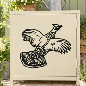Black flapping quail wall decal with detailed feather and beak line art