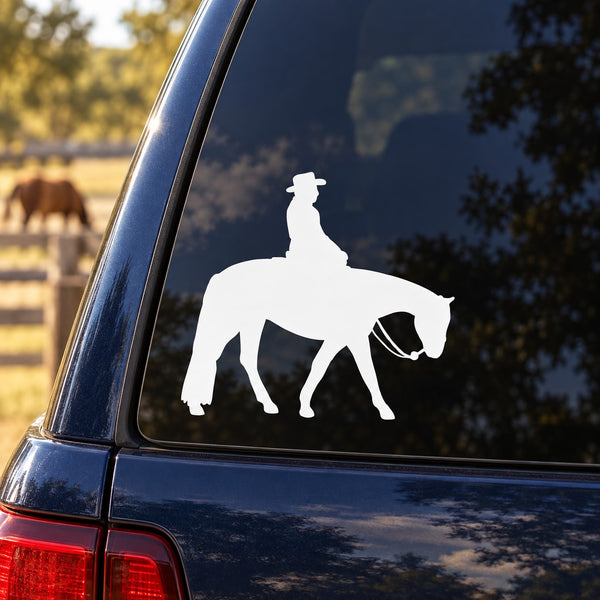 White quarter horse with walking rider decal on car window