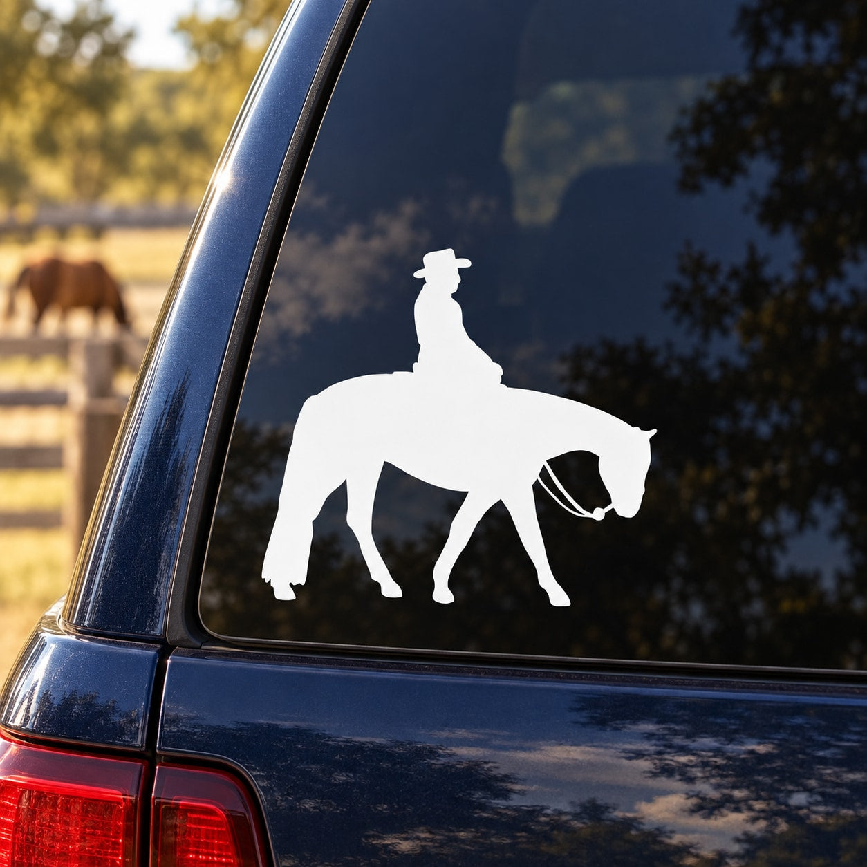 White quarter horse with walking rider decal on car window