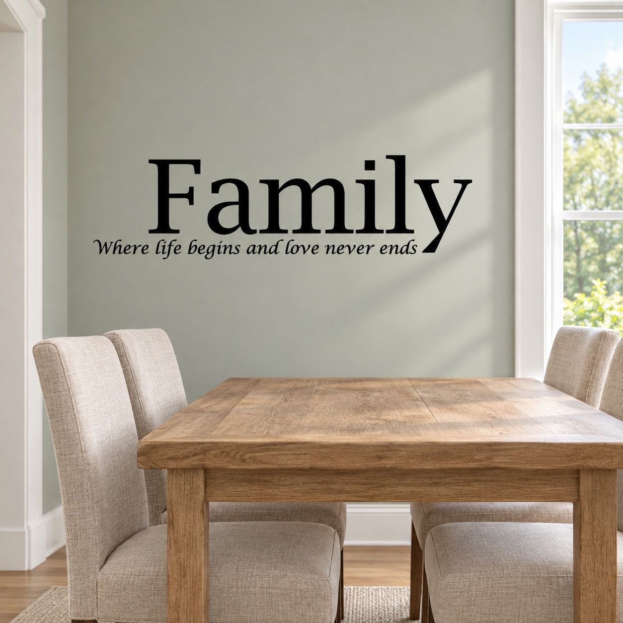 Family wall decal with quote: “Where life begins and love never ends”