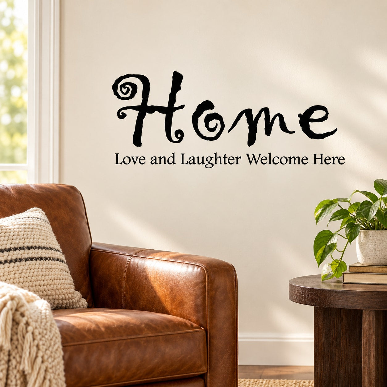 Black 'Welcome' wall decal with 'Love and Laughter Welcome Here' text