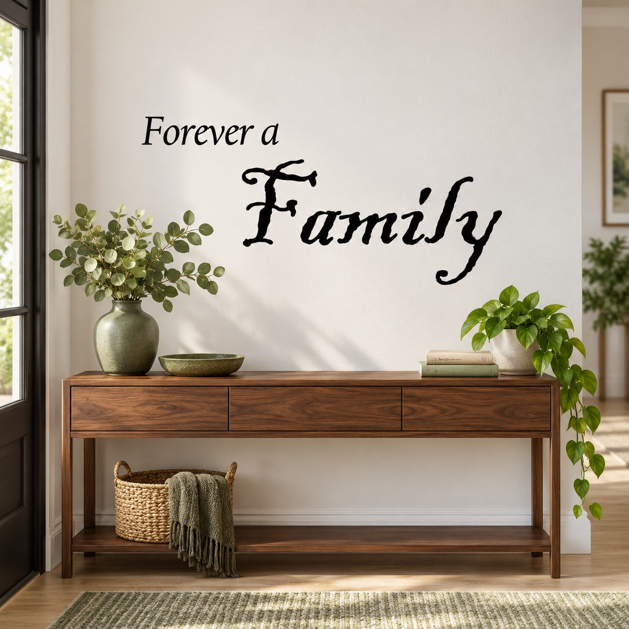Wall quote decal: cursive 'Forever a Family' with small butterfly