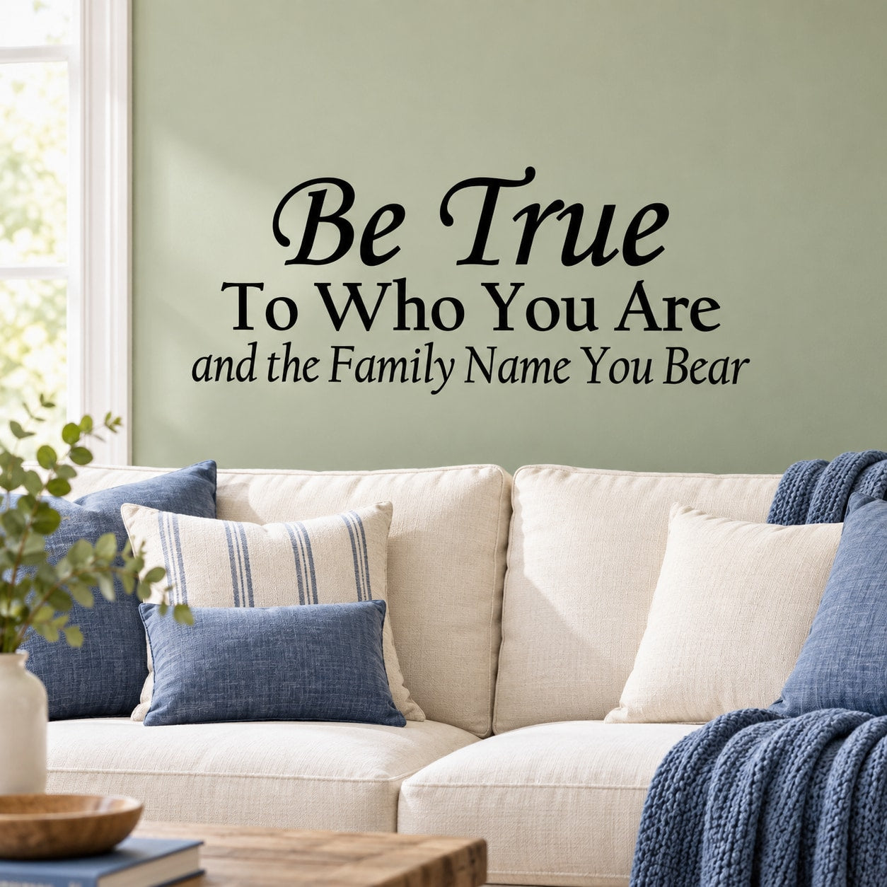 Wall decal with cursive quote: Be True, To Who You Are, Family Name You Bear